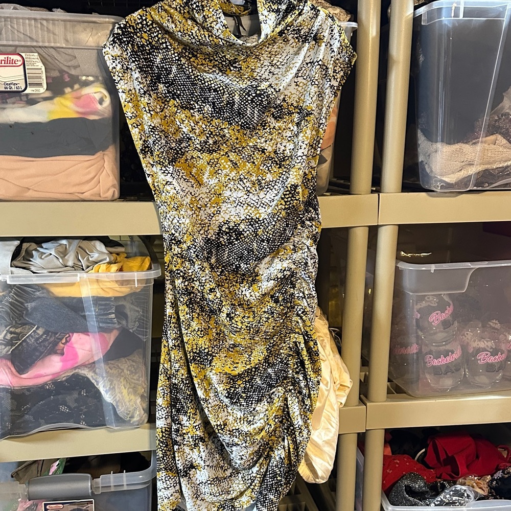 Anthropologie Asymmetrical Snake Print Dress - Black, Gold, Cream s